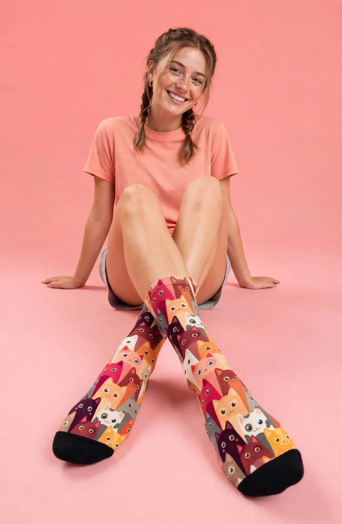 Cat socks in a young women’s daily outfit 