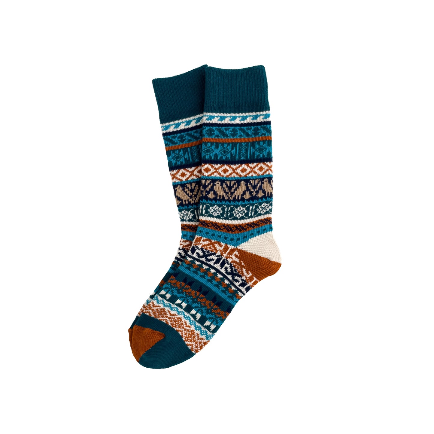 A pair of patterned cotton socks with a geometric design in multiple colors. Cotton Nordic Socks