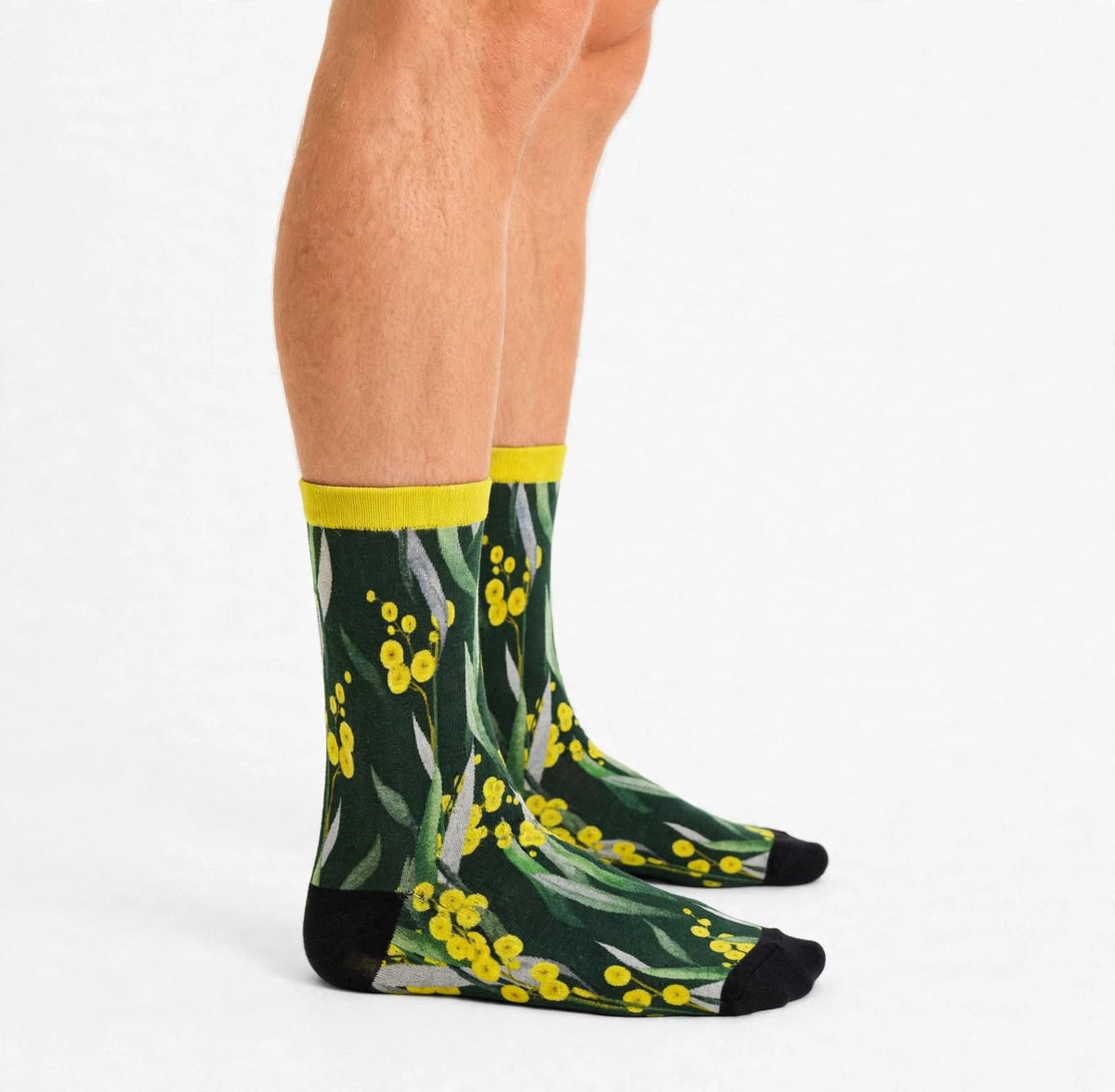 Wattle flower bamboo socks for men by red Fox Sox Australia. 