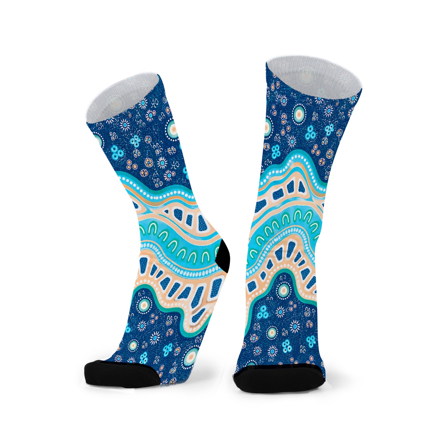 Colourful bamboo socks featuring Indigenous Australian Aboriginal artwork on a blue background.