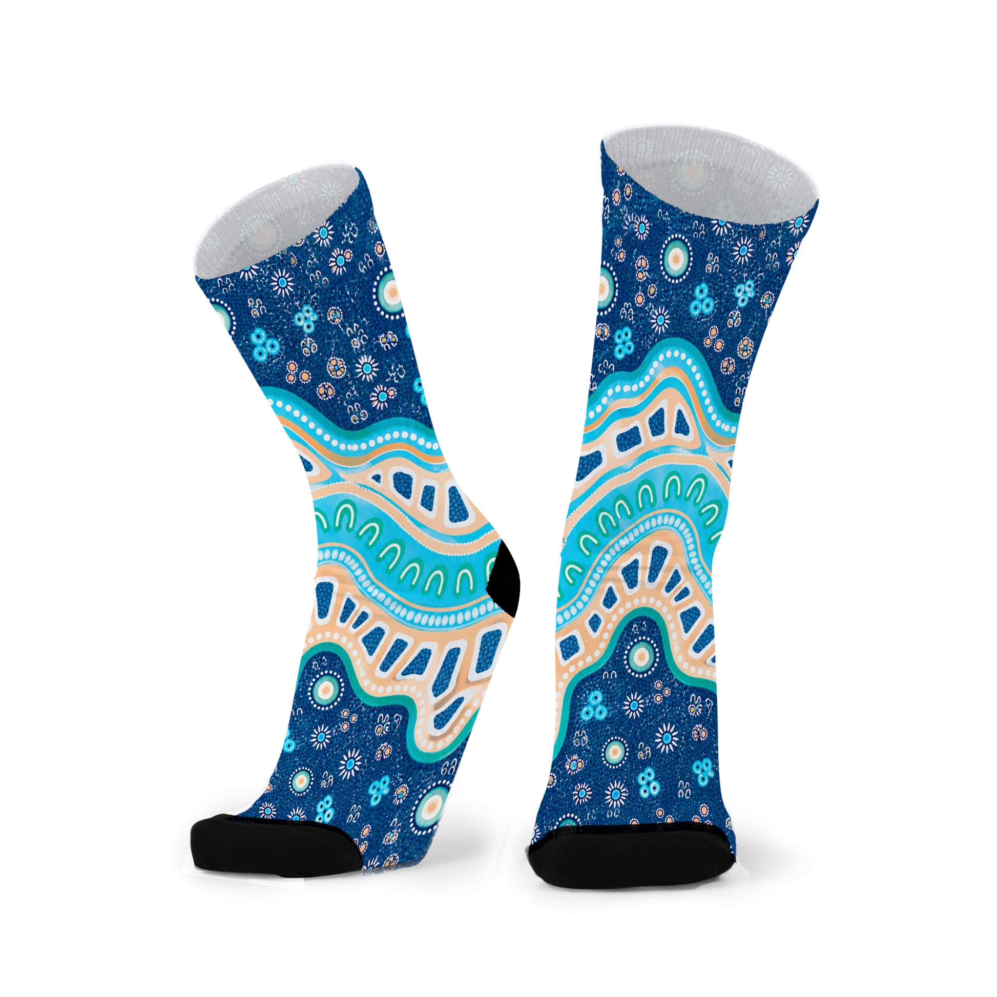 Colourful bamboo socks featuring Indigenous Australian Aboriginal artwork on a blue background.