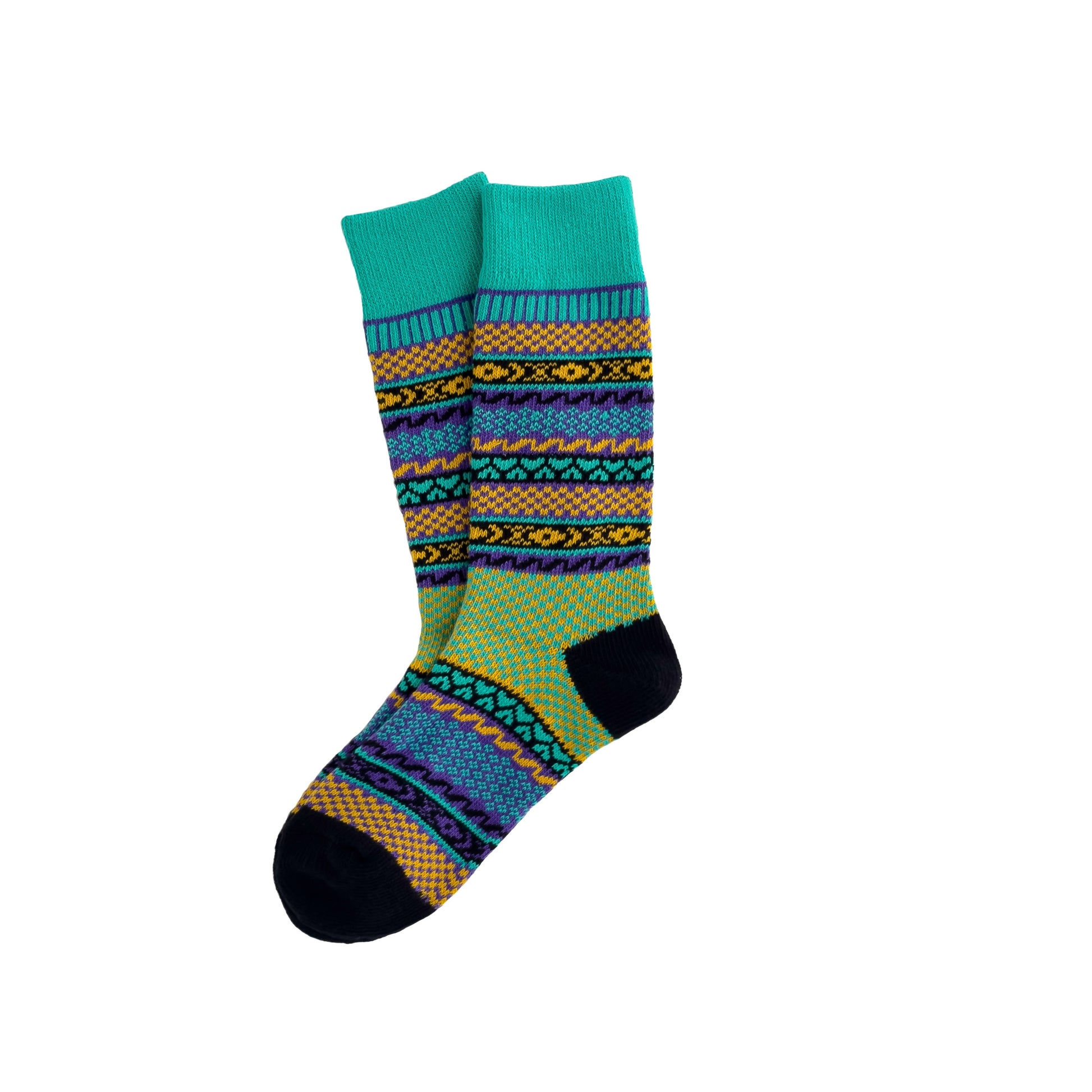 A pair of green nordic patterned cotton socks with a mix of geometric shapes, predominantly in green tones.