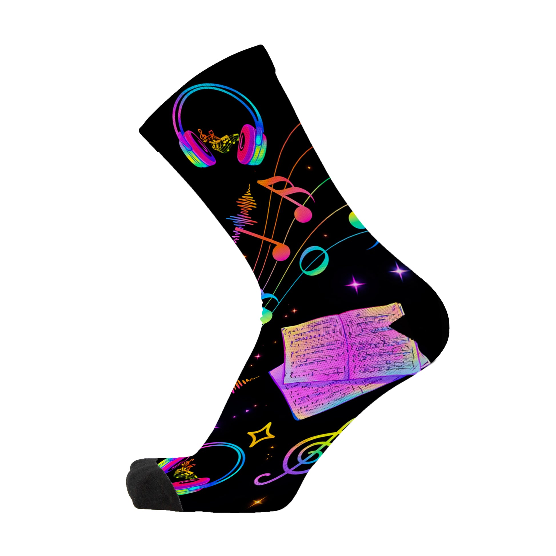 Colorful music-themed socks with headphones and sheet music on a black background