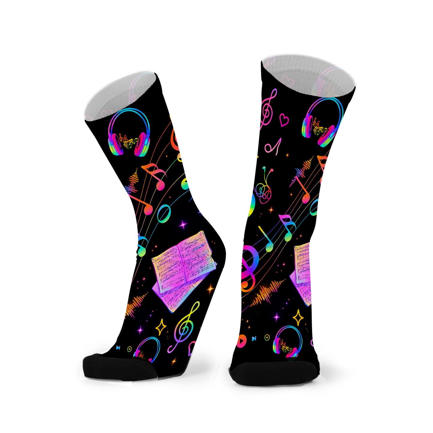 Black socks with colorful music note and headphone design on a white background