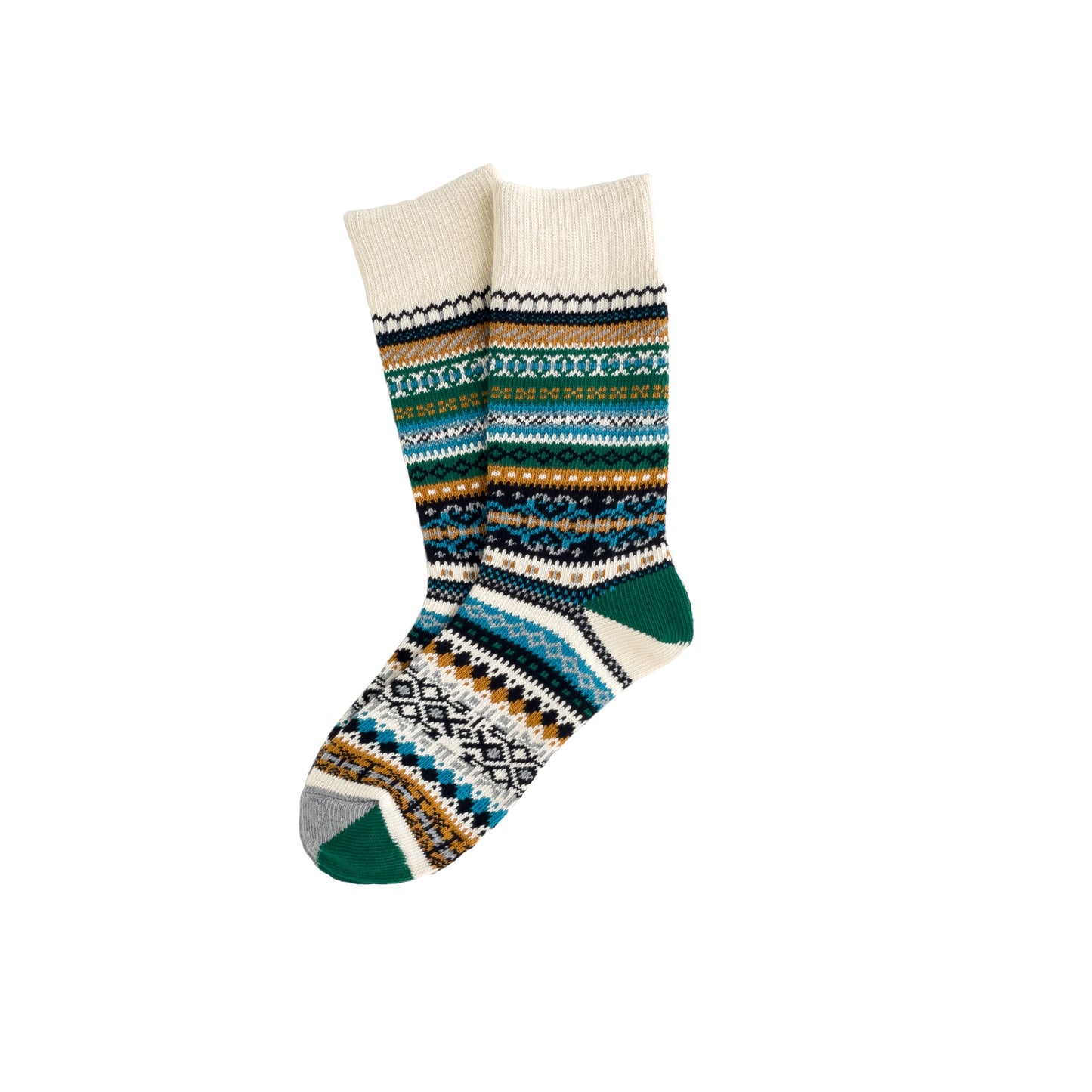 A pair of cotton socks with a geometric pattern in multiple colors. Feature Nordic style 