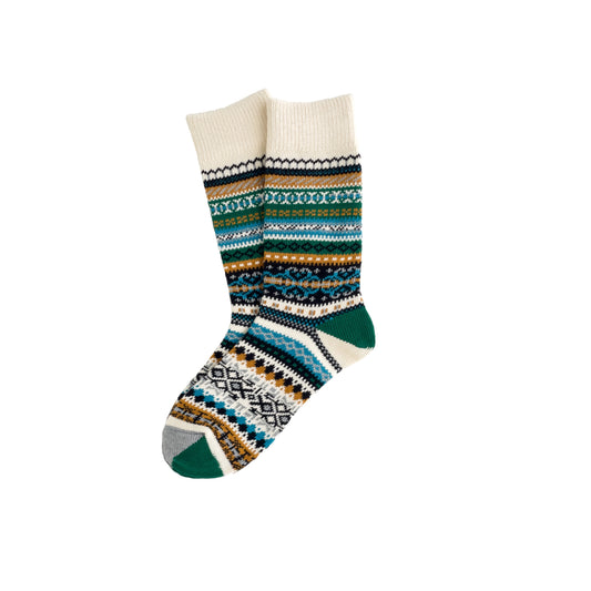 A pair of cotton socks with a geometric pattern in multiple colors. Feature Nordic style 