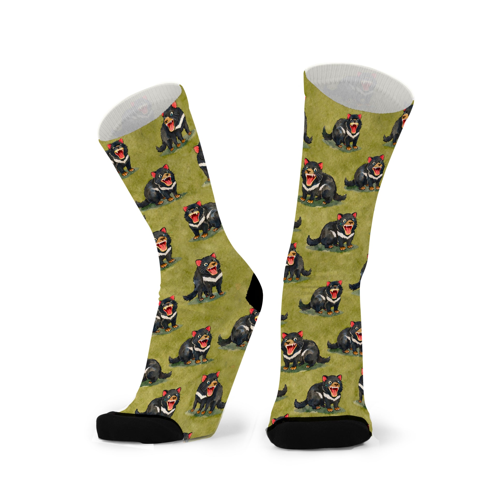 Tasmanian Devil bamboo socks by Red Fox Sox — bold Australian wildlife art print, olive green all-over pattern, unisex crew socks
