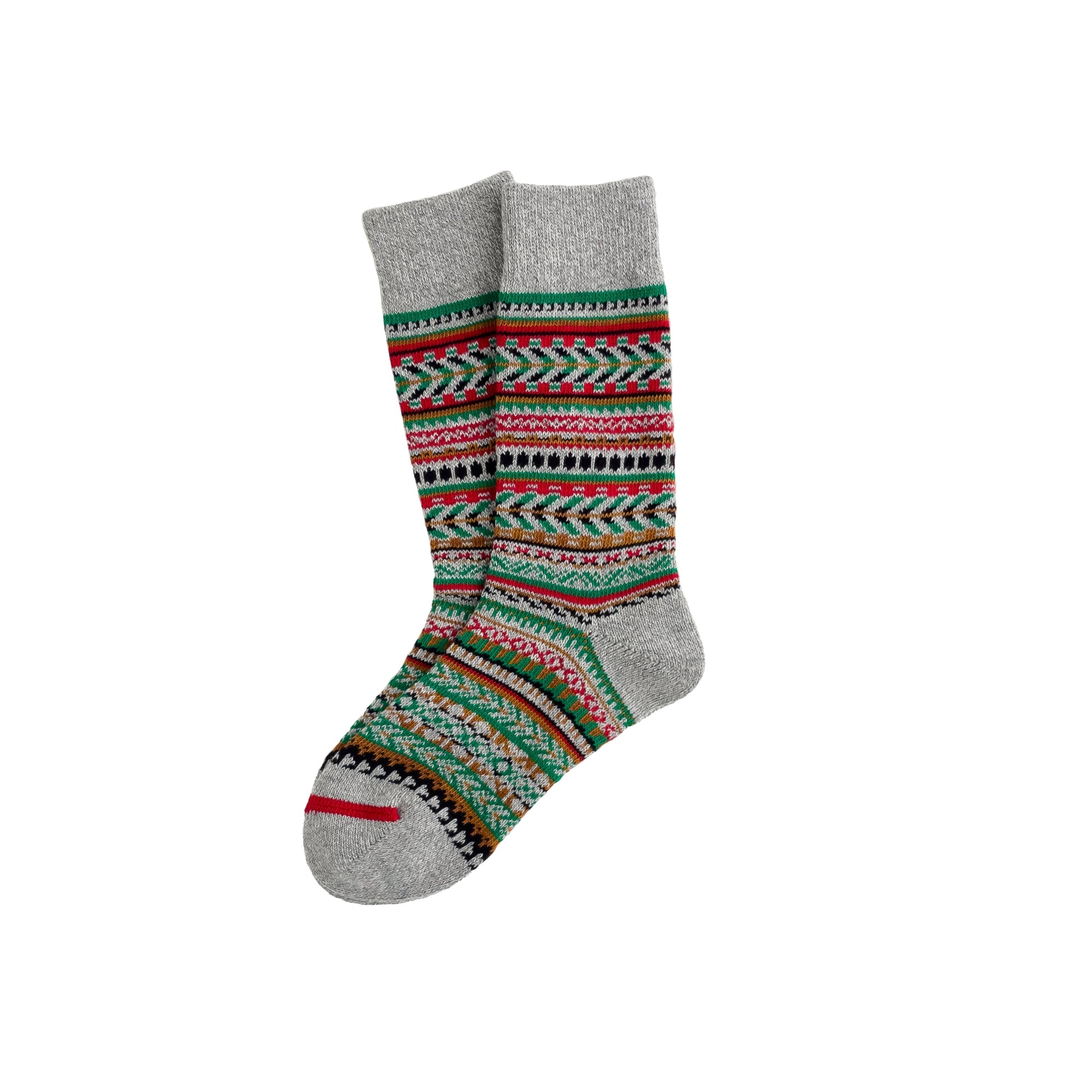 A pair of cotton socks with a geometric Nordic pattern in multiple colors.