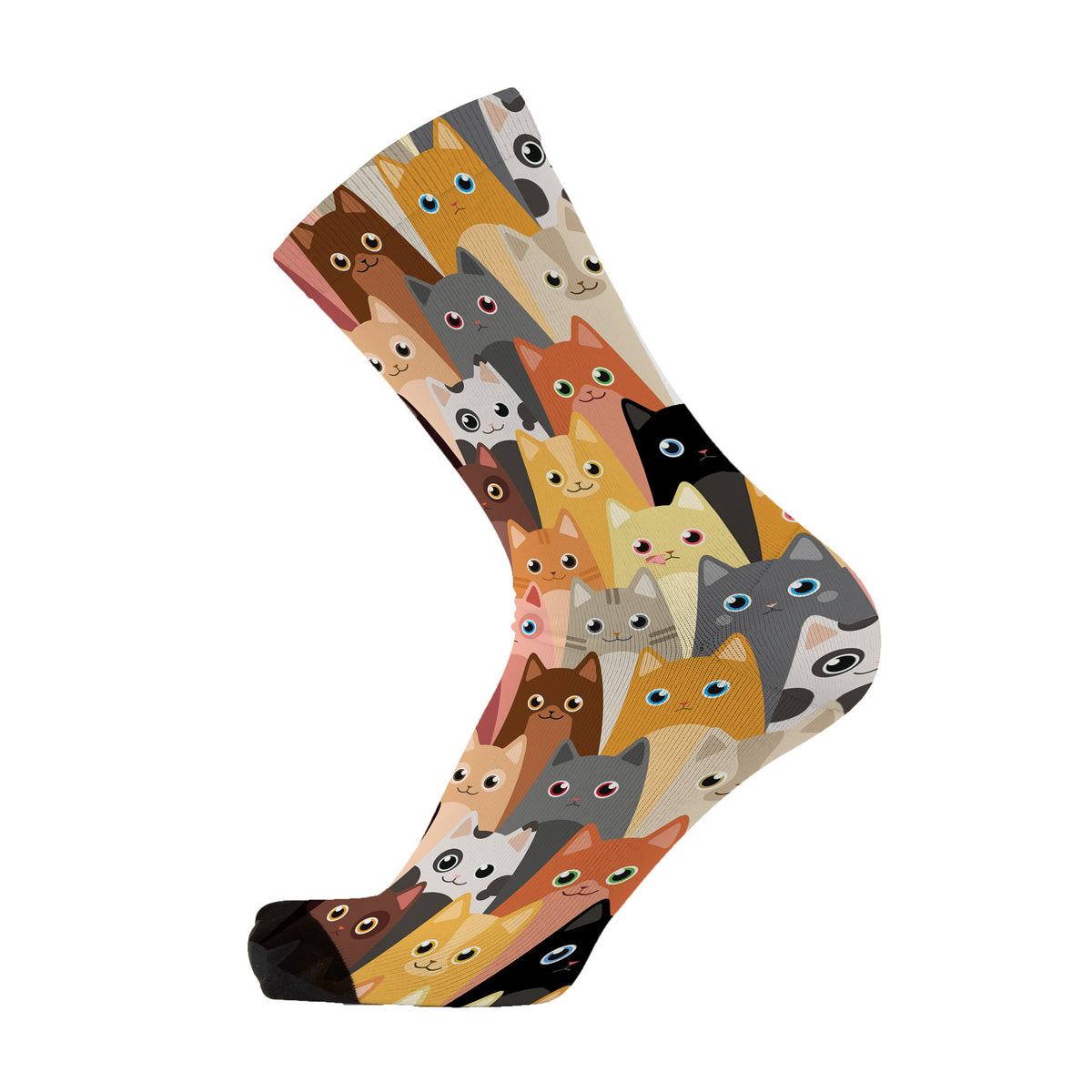 A pair of socks with a pattern of various cats in multiple colors.