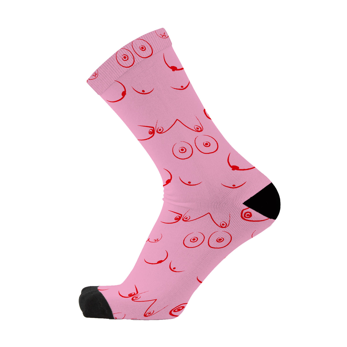 A pink sock with a playful boob pattern.