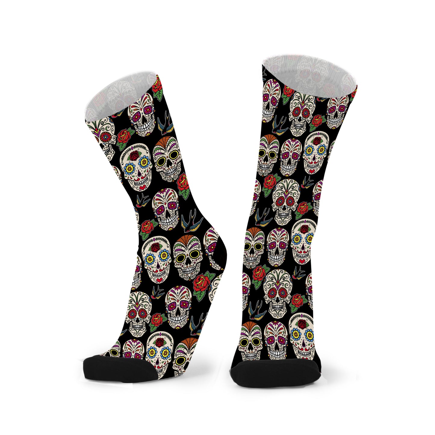 A pair of bamboo socks with a colorful design featuring skulls and flowers.